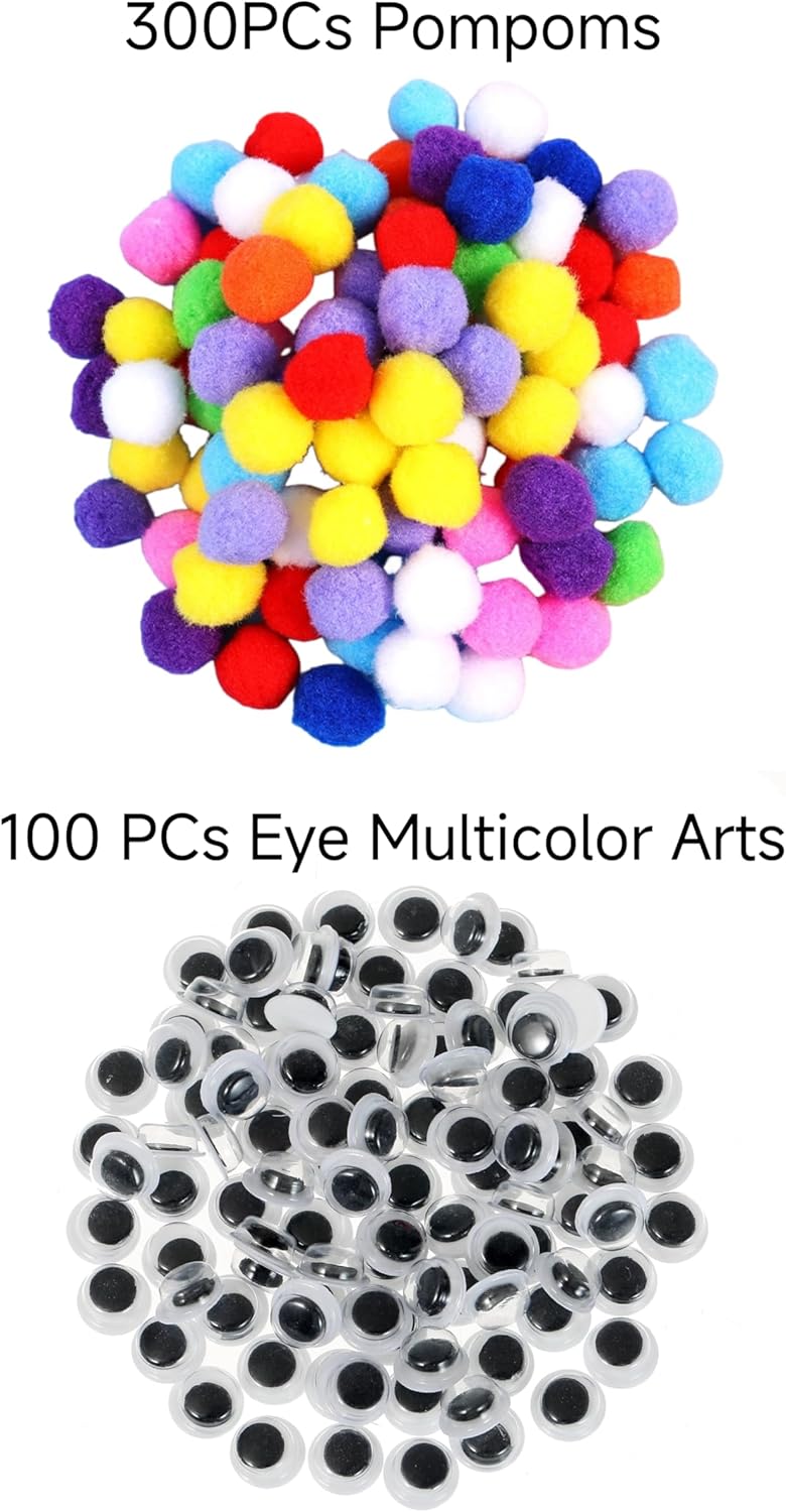 Vesslam [400 pcs] - 300 Pieces 1 Inch Assorted Pompoms with 100pieces 0.3 Inch Wiggle Eyes Multicolor Arts and Crafts Pom Poms Balls for Kids DIY Art Creative Crafts Decorations (Multi-Colored) - Image 2